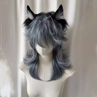假发全头套男女灰雾蓝狼尾鲻鱼头甜酷层次帅气时尚自然仿全真人发