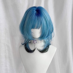 【知蓝】蓝色渐变狼尾水母头亚比高层次短发齐刘海假发女全头套