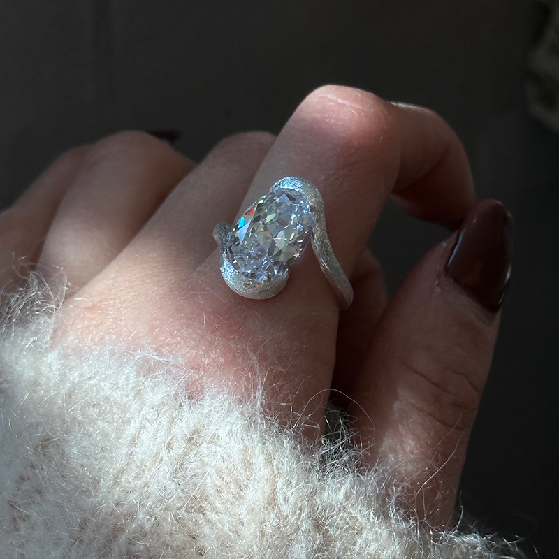 日系cherry kitty925银极光锆石戒指女椭圆形状简约精致气质推拉