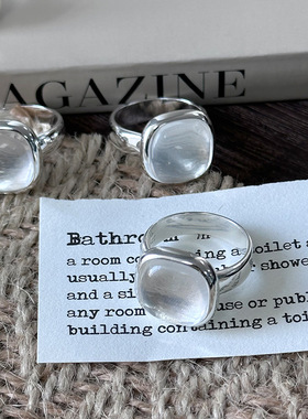 日系cherry kitty925银合成白水晶方形戒指女简约冷淡风气质重工