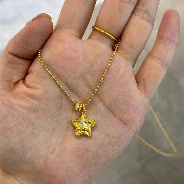 日系Cherry Kitty闪钻锤纹星星吊坠项链女复古小众高级感锁骨链