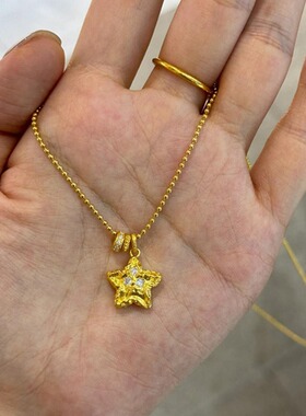 日系Cherry Kitty闪钻锤纹星星吊坠项链女复古小众高级感锁骨链