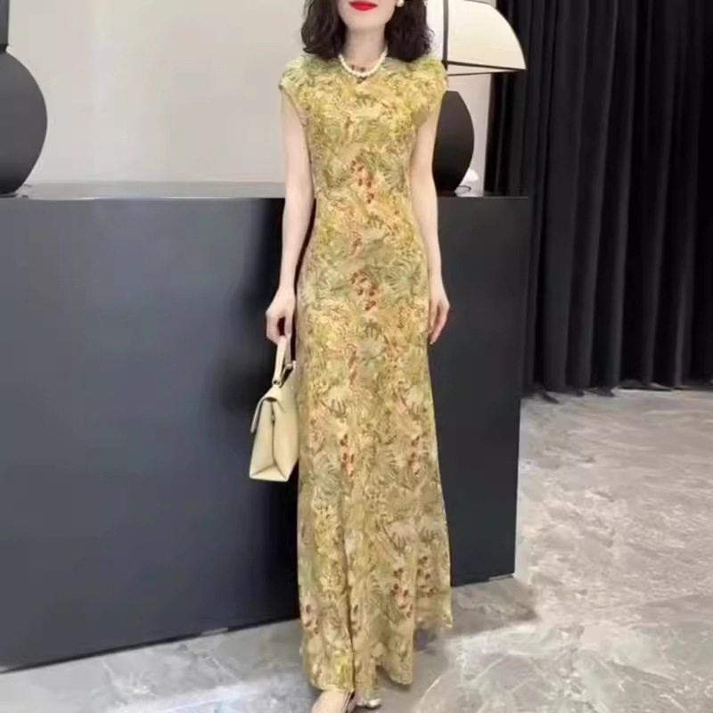 日本cherry kitty夏季新款复古印花连衣裙包袖修身显瘦长裙女