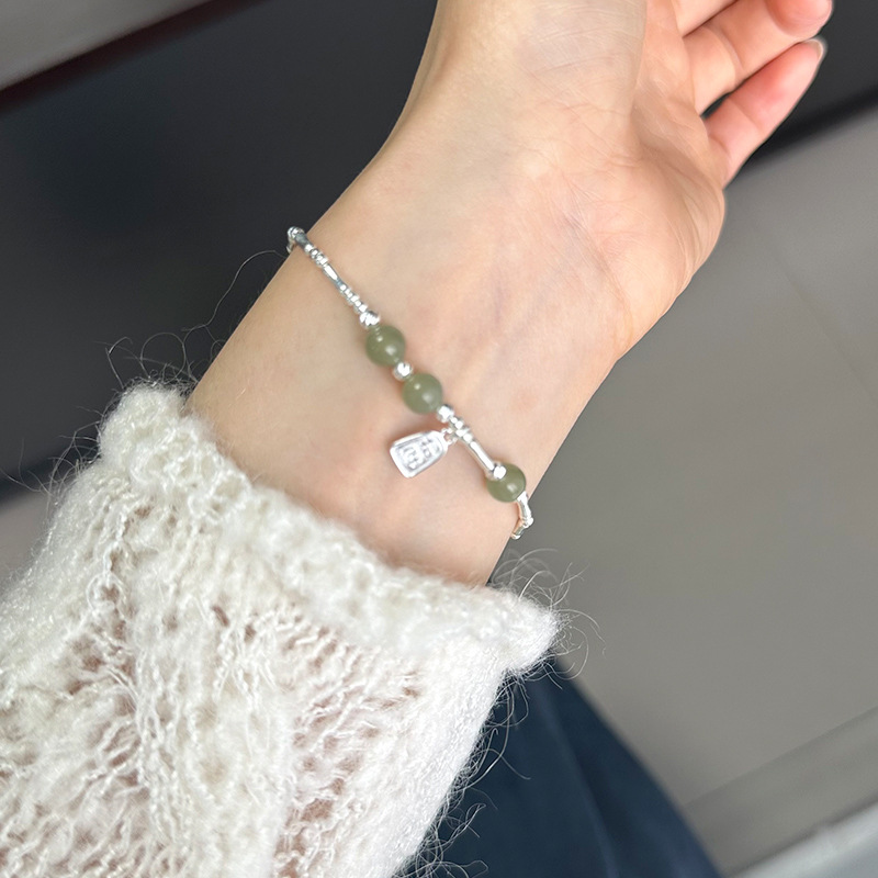 日系cherry kitty925银招财纳福和田玉竹节手链女简约手工银珠