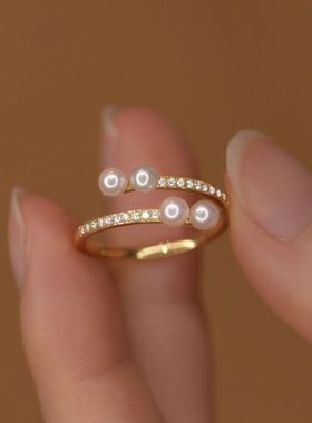 日系Cherry Kitty轻奢高级感闪钻珍珠戒指女vintage洋气奢华指环