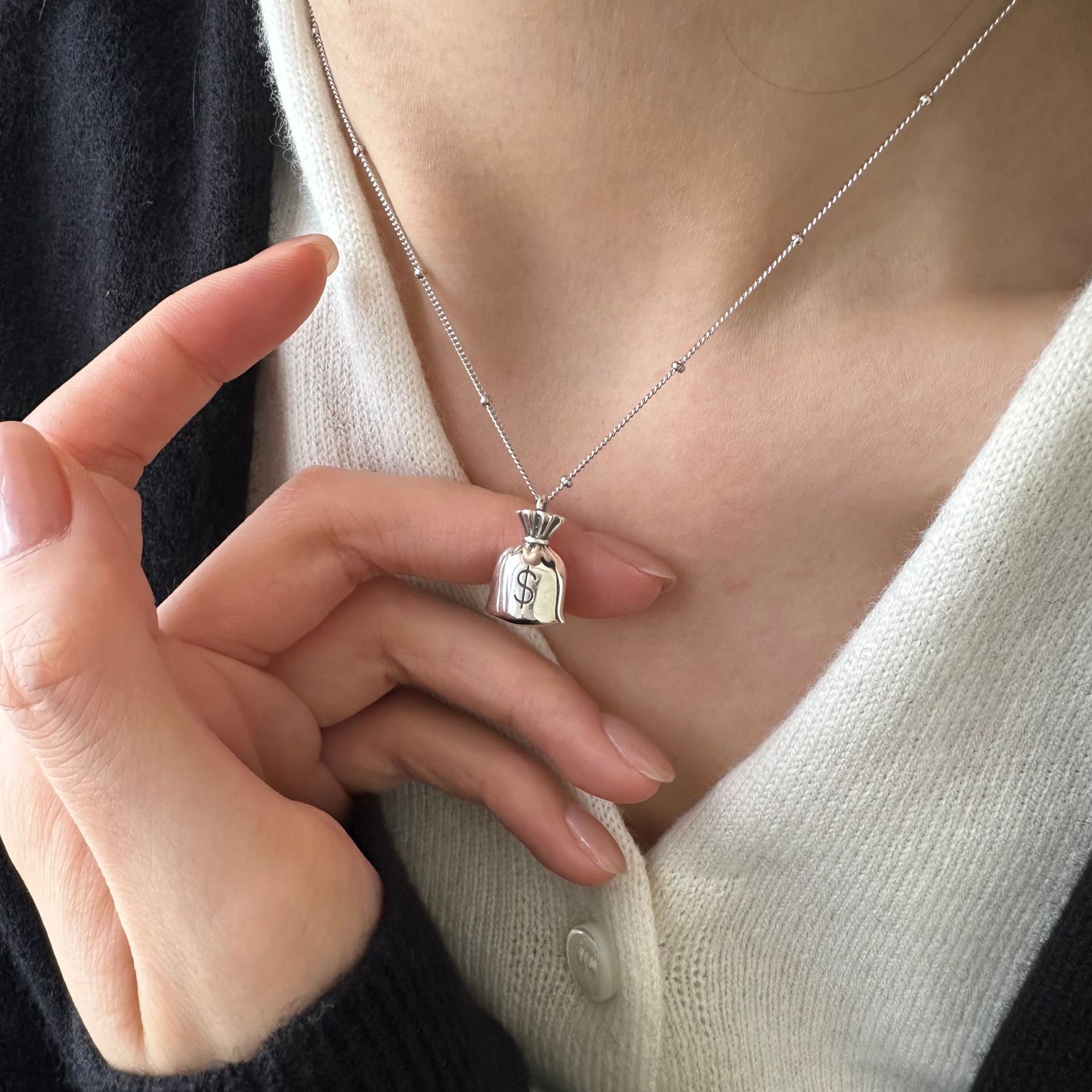 日系cherry kitty925银小钱袋项链女简约复古做旧时髦新中式设计