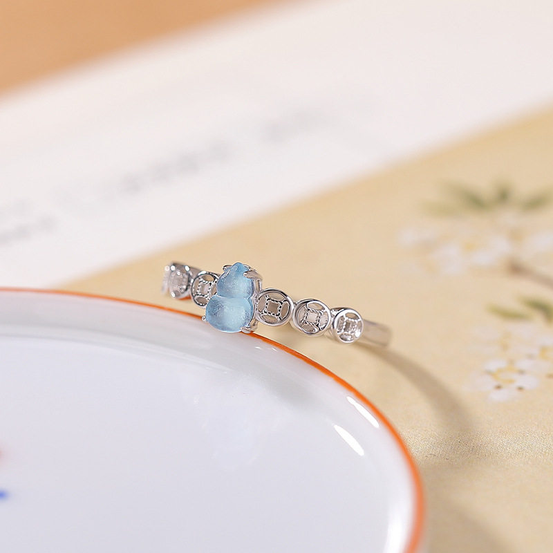 日系设计师topwhits925银海蓝宝葫芦戒指新中式招财铜钱纹个性