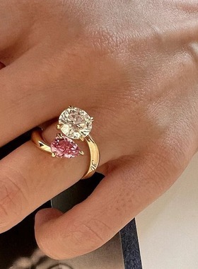 日系Cherry Kitty双生花水滴形锆石戒指女vintage轻奢小众设计