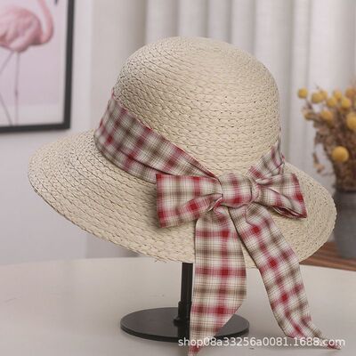 夏季格子蝴蝶结草帽度假翘边麦秆编织海边沙滩帽网红防晒遮阳凉帽