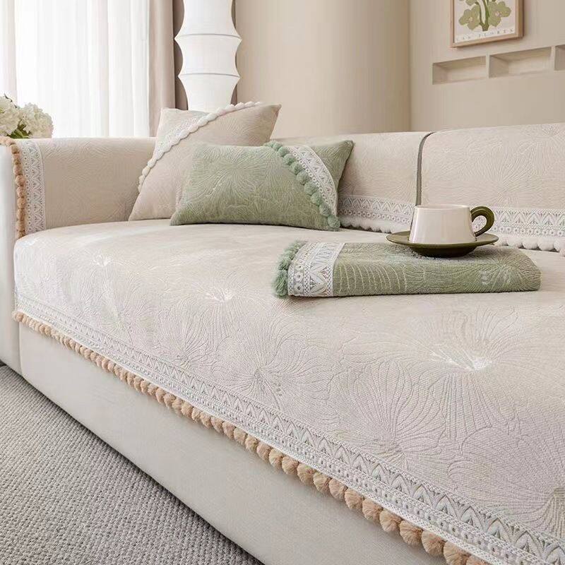 雪尼尔沙发垫四季通用防猫爪防滑盖布巾奶油风高端套罩贵妃