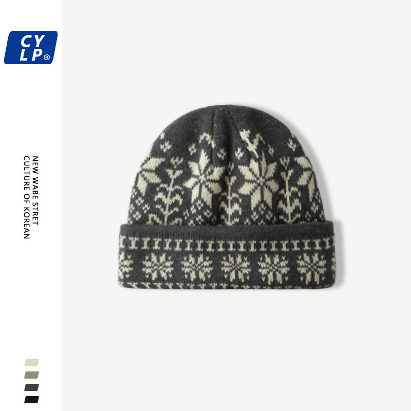 秋冬季双层防寒保暖复古花纹羊毛混纺毛线帽女韩版大头围针织帽男