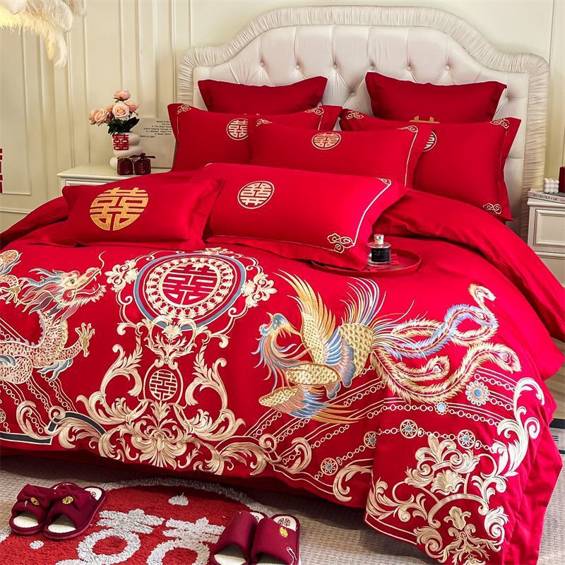 高档中式婚庆四件套新婚大红色被套纯棉龙凤喜被结婚陪嫁床上用品