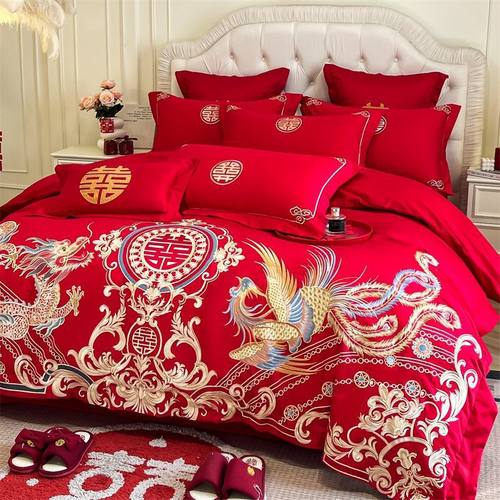 高档中式婚庆四件套新婚大红色被套纯棉龙凤喜被结婚陪嫁床上用品