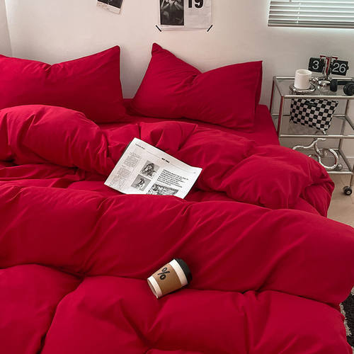 大红色四件套婚庆被套ins洗棉简约色床上三件套结婚红被罩