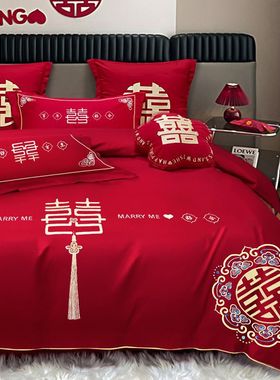中式结婚四件套大红色被套婚床新婚陪嫁喜庆床上用品床单床笠工厂