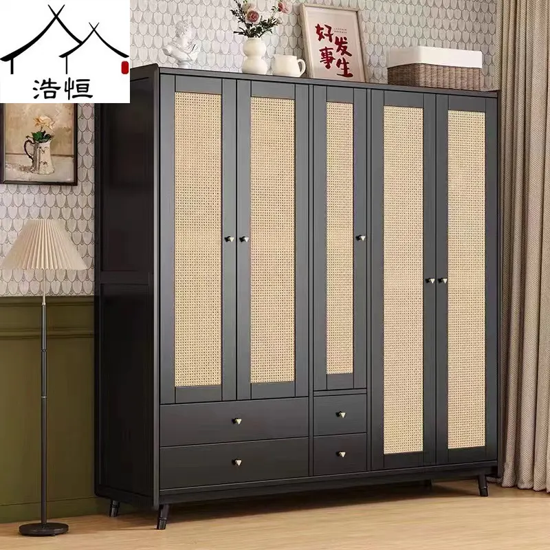 北欧复古实木衣柜现代简约家用卧室侘寂黑色藤编衣柜三四五门衣橱