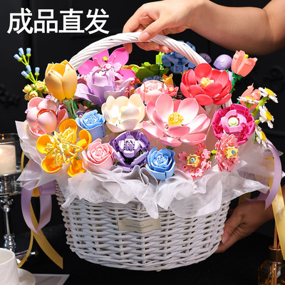 万圣节礼物多巴胺积木花藤编手提篮成品透明亚克力礼盒永生花束