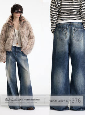 出逃赤岗西 冰蓝色激光水洗中低腰牛仔裤女秋冬复古做旧直筒裤子