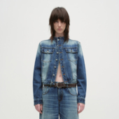 春季 正肩牛仔外套男女款 立领宽松夹克 复古做旧蓝短款 出逃赤岗西