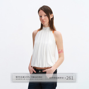 露肩吊带上衣女 原创立领A型无袖 出逃赤岗西 莱赛尔花苞挂脖背心