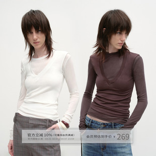 女秋季 叠穿V领马甲真两件 原创莱赛尔内搭羊毛T恤长袖 出逃赤岗西