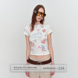 白色趣味圆领上衣 T恤女夏季 出逃赤岗西 原创立体动物印花刺绣短袖