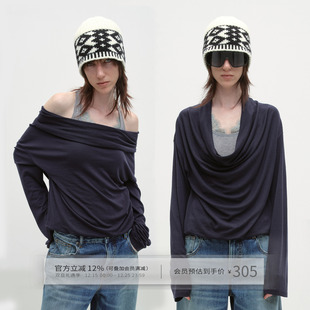 一字肩上衣 T恤女秋季 出逃赤岗西 假两件拼接蕾丝背心荡领羊毛长袖