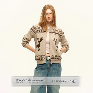 出逃赤岗西 女春秋拉链外套 复古羊毛抗起球小鹿提花毛衣针织开衫