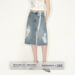 出逃赤崗西 夏季 女蕾絲印花顯瘦闊腿中褲 原創設計感牛仔六分短褲