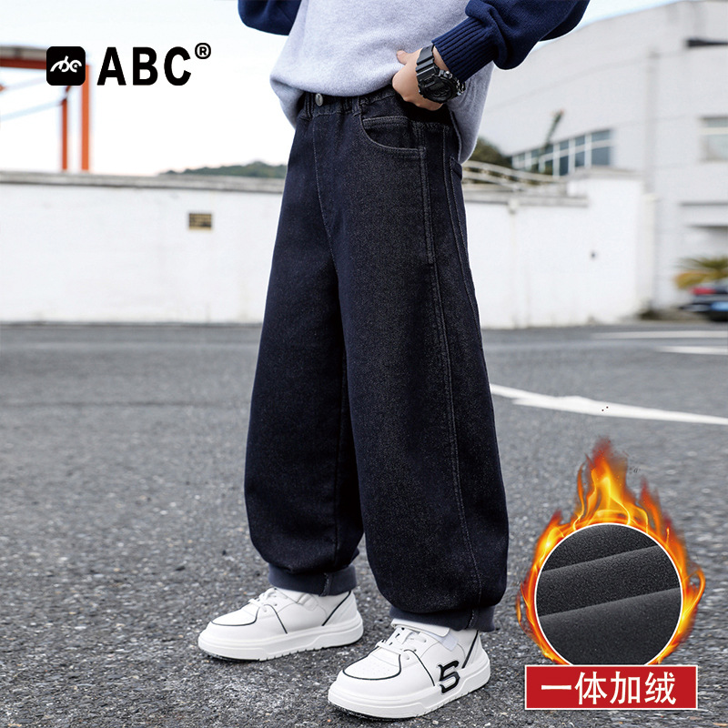 ABC男童加绒牛仔裤2025新款