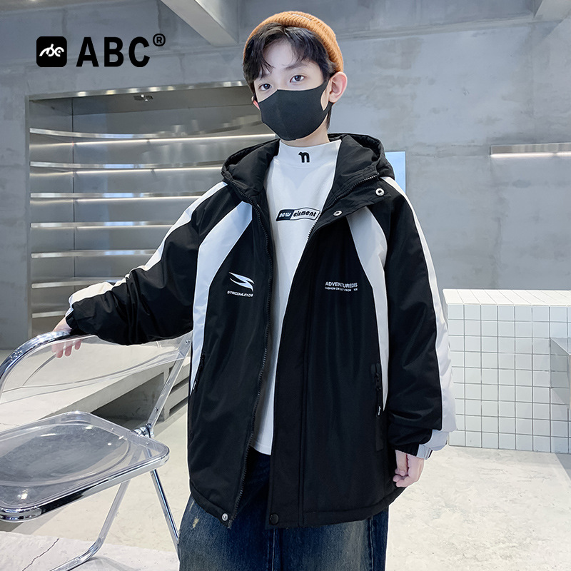 ABC儿童秋冬款加绒外套2025中大童男孩撞色派克服6-12岁男童棉服