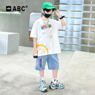 男大童时髦儿童装 ABC男童夏季 男孩糖果色夏装 2025新款 两件套 套装