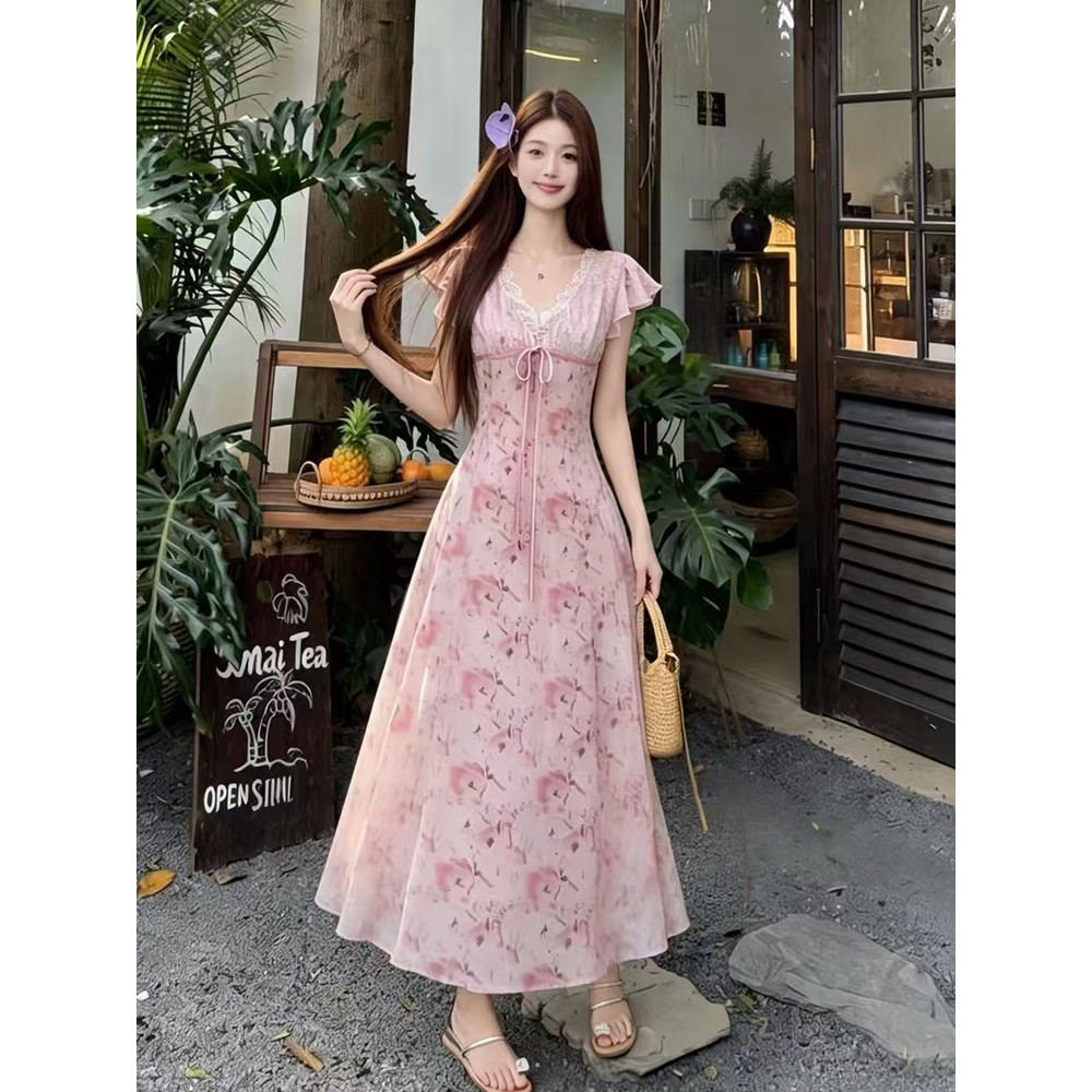 法式V领荷叶袖晕染花色连衣裙女2026夏季新款胖mm气质显瘦a字长裙
