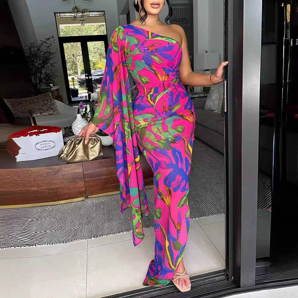 Diagonal shoulder printed dress 派对晚礼服斜肩印花修身连衣裙
