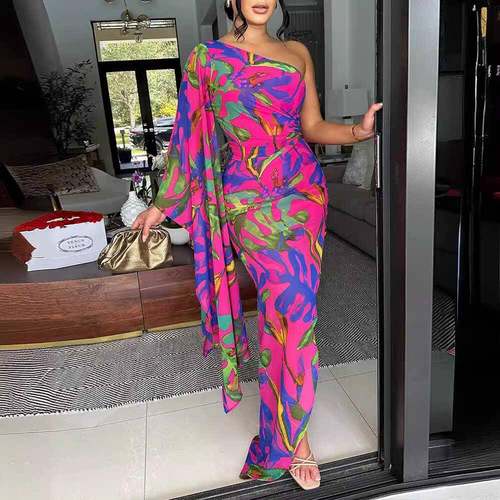 Diagonal shoulder printed dress 派对晚礼服斜肩印花修身连衣裙