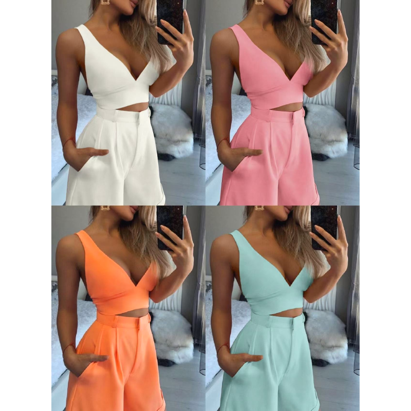 Cross-border Deep V-Neck Short Top + Suit Shorts Women