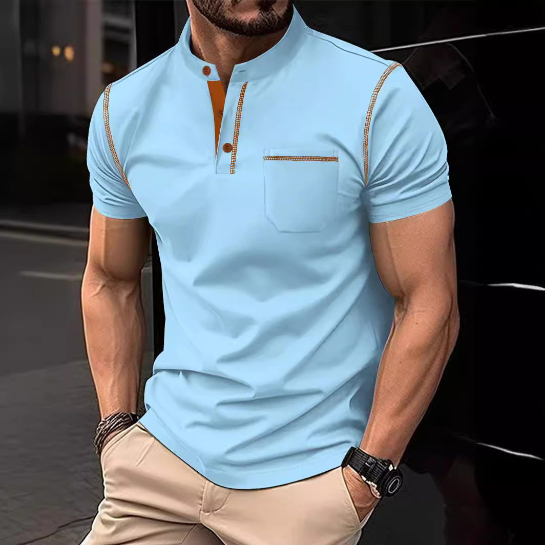 Cross border standing collar pocket men's sports polo shirt