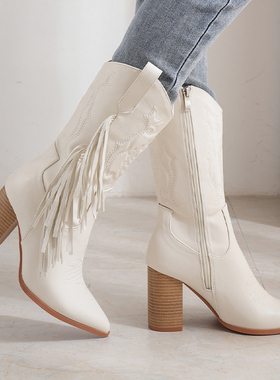 pointed mid length shoes  Embroidered tassel boots women2023