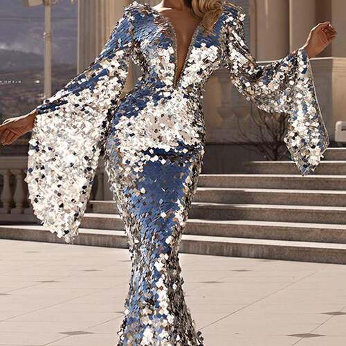 Prom Dress Sequins Party Maxi Dress Silver Evening Gowns
