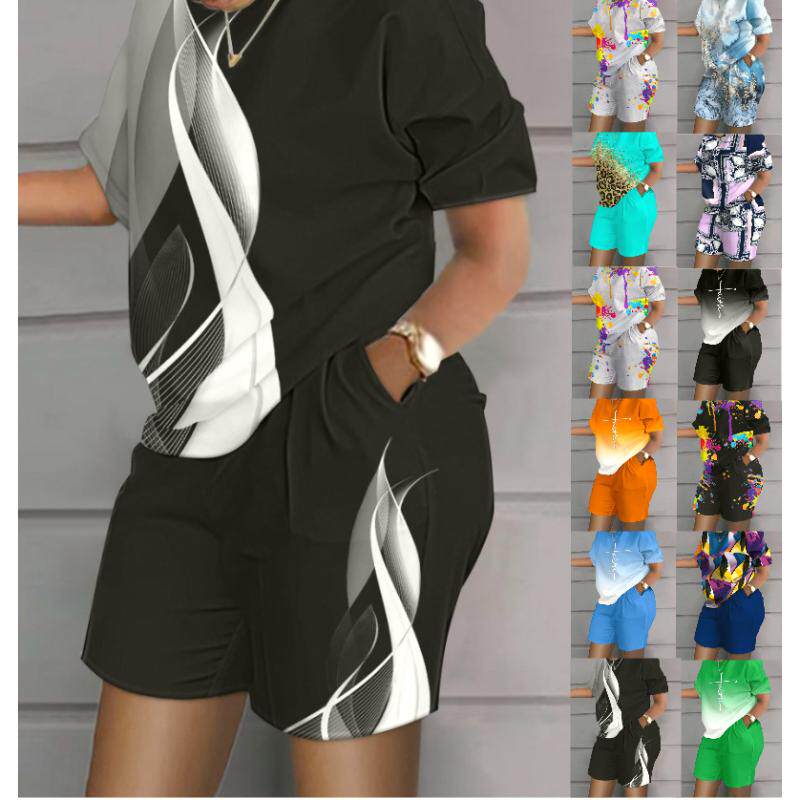 Cross border 2023 summer short sleeved shorts set for women