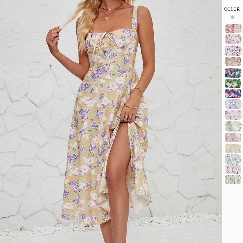 French dress with side slit printed sun dress for women