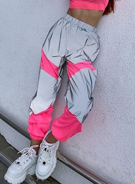 Sports and leisure mid-waist stitching reflec反光运动中腰裤