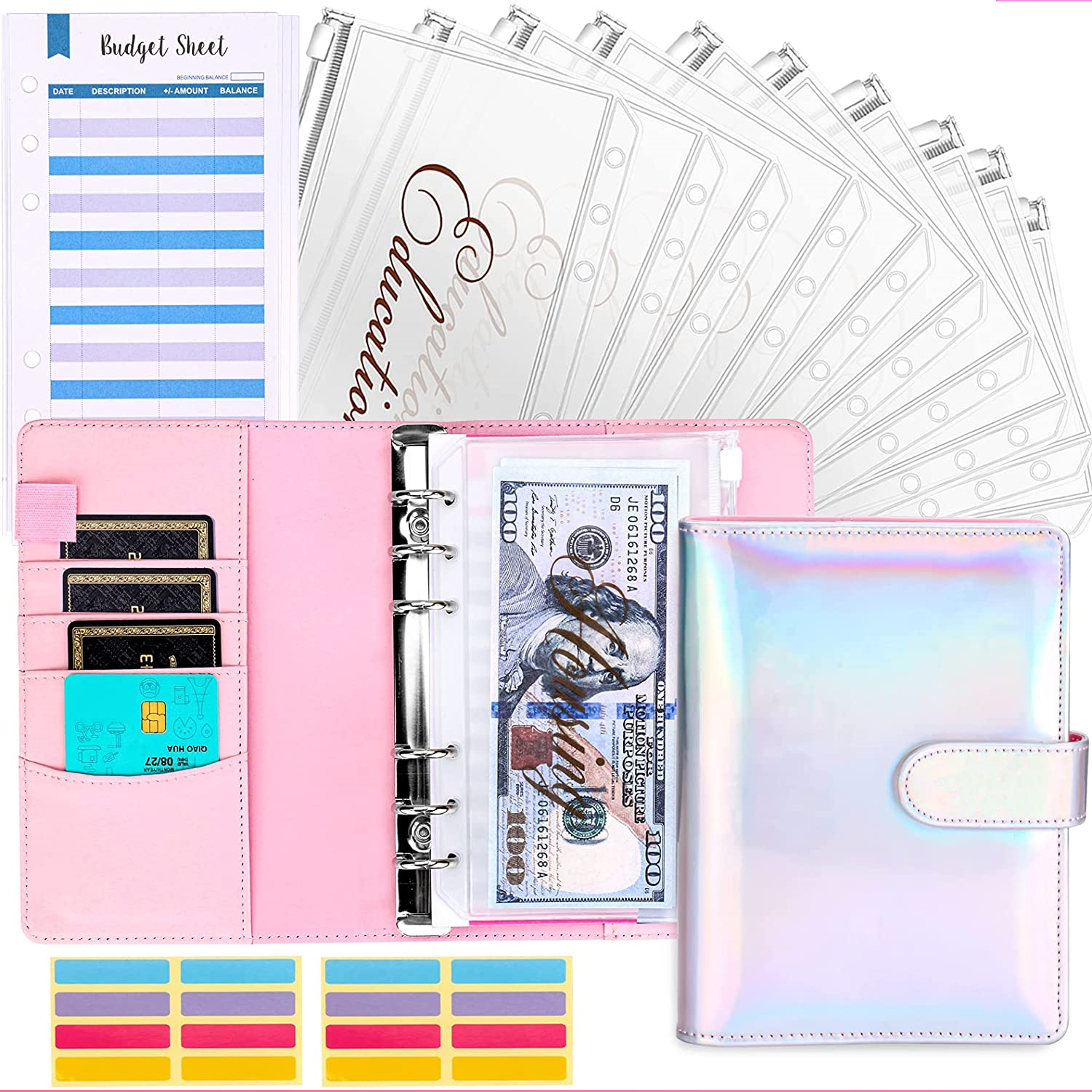 A6 PU Leather Binder Budget Planner Cash Envelopes Wallet wi