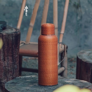 学古一原传家壶竹雅 非遗扣丝竹编纯钛限量收藏保温壶真皮袋1.4L