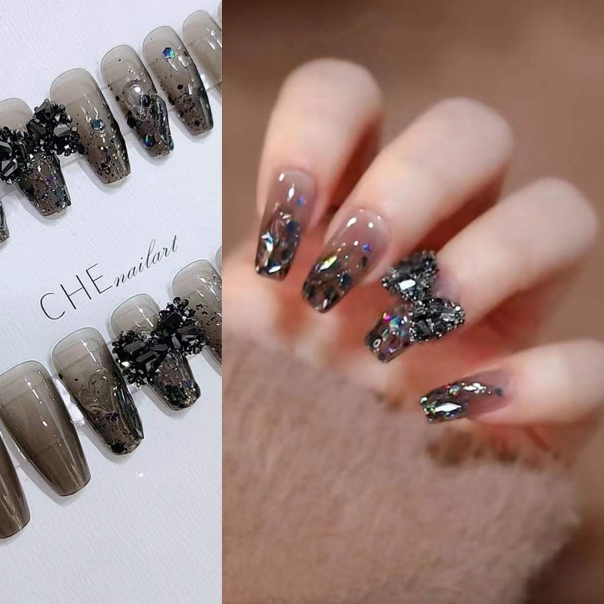 中长芭蕾-奢华黑钻蝴蝶穿戴甲暗夜精灵高级感梯形中长款美甲甲片