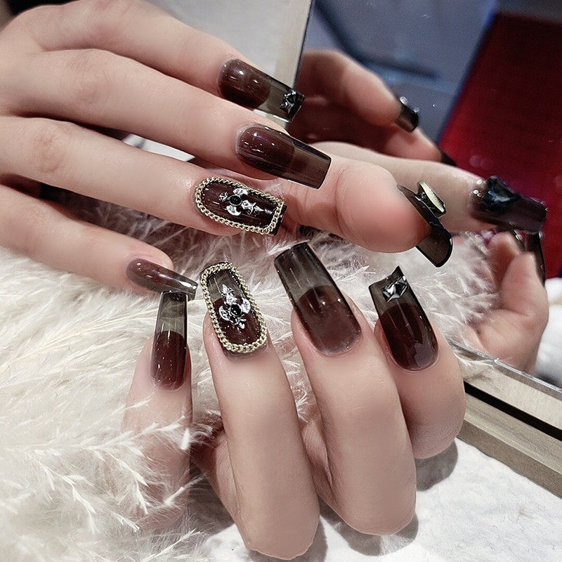 欧美风透黑克罗心链穿戴美甲甲片暗黑系派对中长方头假指甲贴片