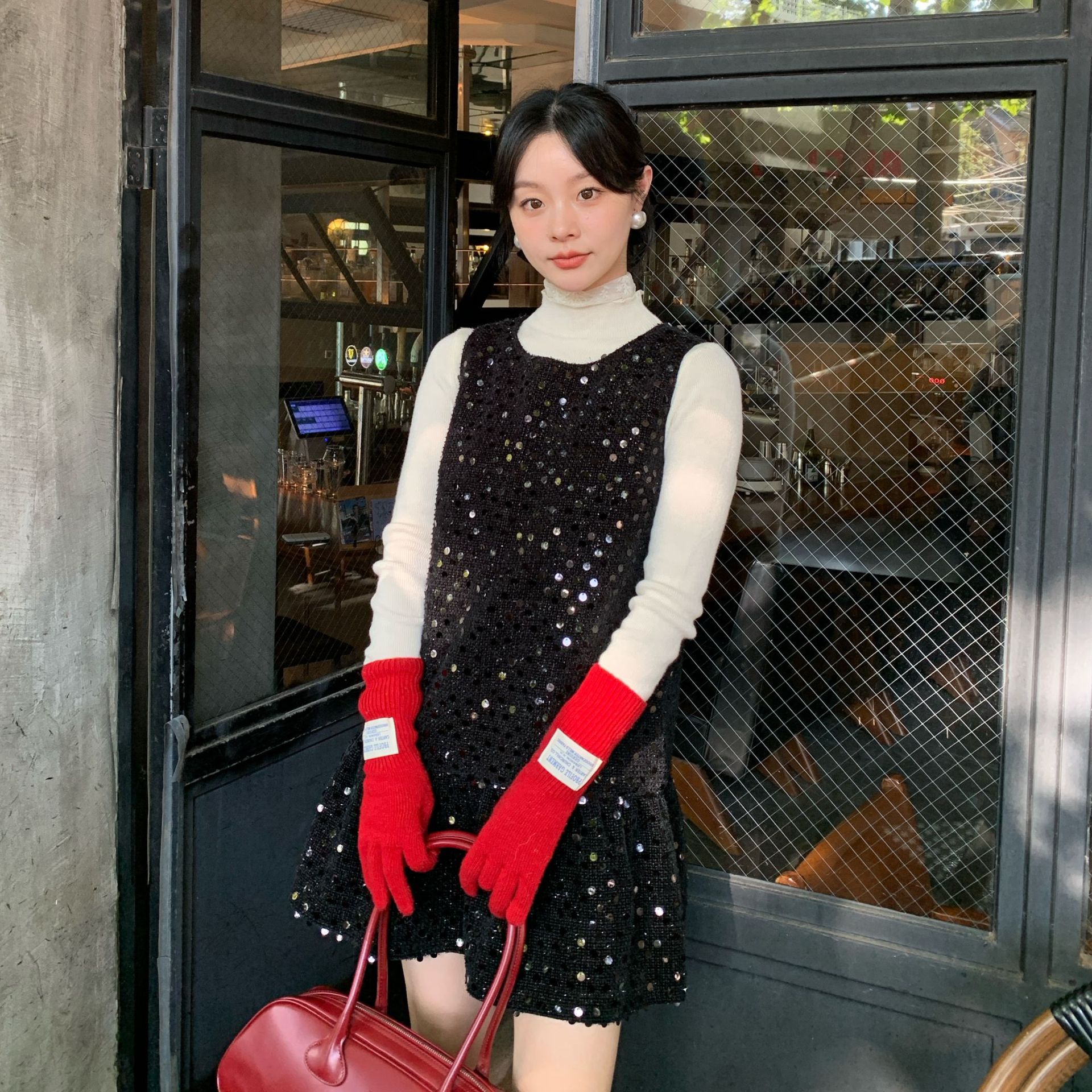 NEW OPEN 2025秋季新款韩版小个子法式重工亮片背带A字连衣裙女