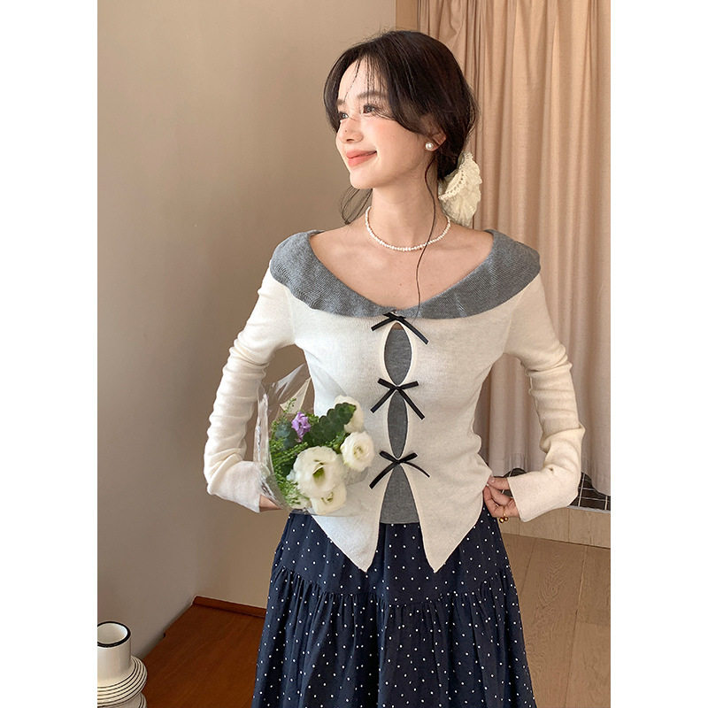 韩女的秘密“初恋温柔”短款羊毛蝴蝶结假两件娃娃领修身针织衫女,女装/女士精品,毛针织衫,淘宝优惠券,粉丝福利购,淘宝优惠卷