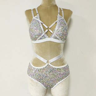 24春季纯色闪亮珠片钢管舞服套装中低腰分体美背专业高端性感服