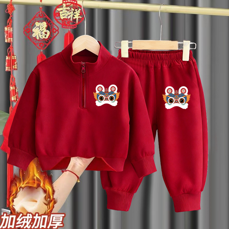 男女童2026马年红色立领卫衣卫裤两件套喜庆半拉链加厚一体绒套装